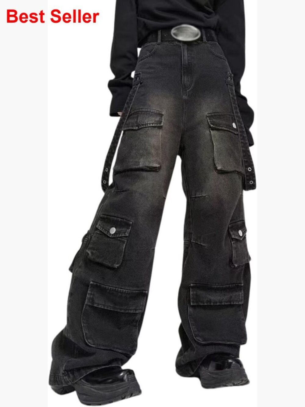 Polycotton Cargo Pants High Waisted Wide Leg Jeans